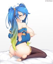 1girls adapted_costume aqua_hair arched_back ass bare_shoulders blonde_hair blue_eyes blue_hair blush breast_grab breasts butt female highleg highleg_leotard highres league_of_legends leotard long_hair long_twintails looking_at_viewer looking_back riot_games sideboob simple_background sitting smile solo sona_buvelle soveno stirrup_legwear stirrup_socks stirrup_thighhighs stirrups thighhighs thong_leotard toeless_legwear twintails very_long_hair wariza wide_sleeves