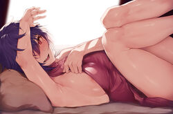 areola_slip areolae arm_up armpits bangs bare_legs blush breasts clothes_tug dress eyebrows_visible_through_hair feet_out_of_frame female halterneck highres hplay indoors knees_up large_breasts legs_together looking_at_viewer lying nipple_slip on_back open_mouth original pillow purple_hair red_eyes short_hair sideboob sidelocks smile solo sunlight sweater sweater_dress sweater_tug thighs window