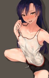 absurdres bad_id bad_pixiv_id bare_shoulders blue_hair blush breasts brown_eyes covered_erect_nipples cum_through_clothing cumming_throught_clothing female highres hplay idolmaster kisaragi_chihaya long_hair looking_at_viewer no_bra open_mouth saliva see-through shadow shorts simple_background small_breasts solo squatting sweat tank_top through_clothes wet wet_hair