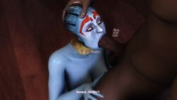 1boy 1girls 3d alien alien_girl asari big_penis blue_eyes blue_skin breasts dark-skinned_male deepthroat eye_contact fellatio female gag holding_head holding_penis huge_cock indian indian_male interspecies jallersfm looking_at_another looking_pleasured male mass_effect mass_effect_2 saliva saliva_trail samara source_filmmaker text