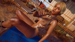 3d astromons bottomless casual cyberpunk_2077 dark-skinned_female dark_skin exhibitionism female footwear handwear harness holster human mostly_nude naked neckwear nude nude_female outdoors t-bug_(cyberpunk_2077) tactical_nudity