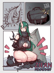 arknights bare_legs bare_thighs big_breasts crouching green_hair horn hoshiguma_(arknights) huge_breasts humanoid kidnapped long_hair no_pants oni thick_thighs tied_up yellow_eyes ziean