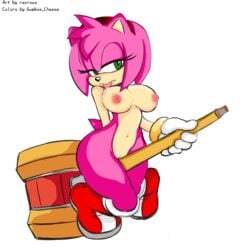 amy_rose anthro areola biped bodily_fluids boots bracelet breasts clothing countershading digital_media_(artwork) eulipotyphlan female footwear fur genitals gloves gold_bracelet green_eyes half-closed_eyes handwear hedgehog holding_object holding_weapon jewelry mammal melee_weapon mostly_nude narrowed_eyes nipples piko_piko_hammer pink_areola pink_body pink_fur pink_nipples plantigrade pose pussy ravrous red_boots red_clothing red_footwear saliva saliva_on_breasts simple_background solo sonic_(series) sonic_the_hedgehog_(series) tan_countershading tongue tongue_out tools weapon white_background white_clothing white_gloves