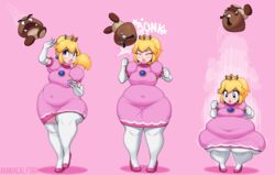 1girls belly belly_bulge belly_button big_belly blonde_hair blue_eyes blush blushing breasts chonk chubby clothed clothing crown dress eyelashes female gloves goomba headgear headwear high_heels highres hips light-skinned_female light_skin lipstick long_hair long_sleeves maniacalfork mario_(series) medium_breasts motion_lines nintendo princess_peach shortstack simple_background super_mario_bros. thick_lips thick_thighs thigh_highs thighs watermark wide_hips