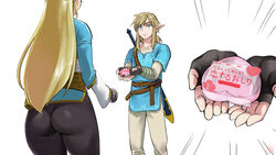 16:9 1boy 1girls 2021 ass big_ass black_gloves blonde_hair blue_eyes box bracer breath_of_the_wild brown_hair champion's_tunic clothed clothing earrings eyebrows_visible_through_hair female fingerless_gloves gift gift_box gloves heart hylian japanese_text link link_(breath_of_the_wild) long_ears long_hair looking_at_another male master_sword monbetsu_kuniharu nintendo pants pointy_ears ponytail princess_zelda scabbard serious short_hair short_ponytail signature simple_background sword text the_legend_of_zelda thick_thighs thighs tied_hair tight_clothing tight_pants translated tunic watermark weapon weapon_on_back white_background white_day zelda_(breath_of_the_wild)