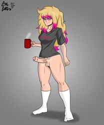 1futa balls big_breasts big_penis blonde_hair blue_eyes bottomless breasts clothed clothing coffee coffee_cup evilgirl futa_focus futa_only futanari gray_background human long_hair pale_skin partially_clothed penis pink_hair precum smile socks solo standing steam yellow_hair