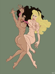 ass aurora_(sleeping_beauty) big_breasts black_hair blonde_hair breasts catfight crossover disney disney_princess earrings esmeralda female female_only gypsy legs lipstick long_hair nipples nude princess pussy royalty sleeping_beauty_(1959_film) teeth the_hunchback_of_notre_dame titflaviy