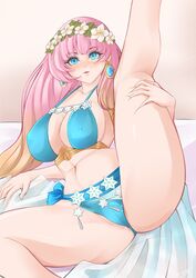 1girls alternate_costume bare_legs big_breasts bikini blue_eyes blush earrings fire_emblem fire_emblem_heroes gunnthra_(fire_emblem) gunnthra_(summer)_(fire_emblem) huge_breasts jabdraws large_breasts legs_up looking_at_viewer multicolored_hair nintendo nipple_bulge on_bed one_leg_up open_mouth pink_hair sideboob smile solo solo_female swimsuit thick_thighs