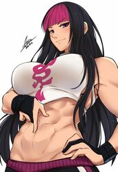 abs airisubaka biceps big_breasts bracelets colored hi_res highres human juri_han large_breasts long_hair looking_at_viewer muscular_female navel normal_breasts purple_eyes solo solo_female sportswear street_fighter two_tone_hair white_background