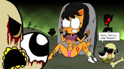 1girls 2boys anthro black_hair blood bone bones boots breasts clothing cuts disembodied_head dudley_puppy eyeless feline feline_humanoid female grave horrified keswick kitty_katswell male montatora-501 nickelodeon nipples omegusmaximus one_boot orange_fur panties pink_panties red_eyes silhouette skull snake speech t.u.f.f._puppy terrified tombstone torn_clothes torn_clothing undead white_boots zombie zombies