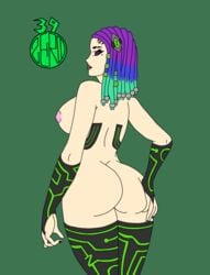 artist_name ass ass_grab big_ass blue_hair breast_grab breasts free_fire garena green_eyes hand_on_ass large_breasts looking_back moco_(free_fire) multicolored_hair nipples purple_eyes purple_hair simple_background zzerotic