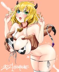 1girls absurdres ahoge animal_print ass bell bell_collar bent_over bikini blonde_hair blue_eyes blush breasts cow_bell cow_girl cow_horns cow_print cow_tail cowbell dark-skinned_male disembodied_hands double_v evildei fake_tail female green_eyes heterochromia highres large_breasts looking_at_viewer navel nipples one_breast_out open_mouth ryouna_(senran_kagura) senran_kagura senran_kagura_(series) senran_kagura_shinovi_versus short_hair side-tie_bikini simple_background solo_focus swimsuit tail tail_plug thighhighs v white_legwear