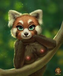 ailurid anthro areola breasts brown_body brown_breasts brown_fur female fur green_eyes hi_res inner_ear_fluff jungle looking_at_viewer mammal nipples nude red_panda simple_background smile smiling_at_viewer solo tuft vestina