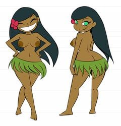 1girls areolae ass ass_cleavage barefoot big_ass black_hair breasts breasts_apart butt_crack calumba cartoon_network closed_eyes dark-skinned_female dark_skin dexter's_laboratory edit eyelashes feet female female_only flower grass_skirt green_eyes hair_flower hand_on_hips highres hourglass_figure hula human large_breasts leaf_skirt long_hair looking_back looking_over_shoulder model_sheet navel nipples no_panties pepipopo sideboob skimpy smile solo solo_female toes topless tropical very_long_hair