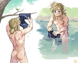 1boy 2021 armorless_link armpits arms_up ass back big_ass blue_eyes boxer_briefs branch breath_of_the_wild brown_hair casual clothing covering_crotch drying drying_clothes earrings eyebrows_visible_through_hair hylian lake link link_(breath_of_the_wild) long_ears male male_only monbetsu_kuniharu muscles muscular muscular_male nintendo nipples nude outdoors pale_skin partially_submerged pectorals pointy_ears ponytail scar scar_on_arm scar_on_back scar_on_chest scars sheikah_boxers short_hair short_ponytail signature solo standing the_legend_of_zelda thighs tied_hair tree underwear underwear_removed washing washing_clothes water watermark wet wet_clothes