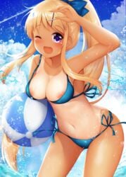 ;d areolae ball beachball bikini blonde_hair blue_bikini blue_sky breasts cleavage cloud commentary_request cowboy_shot day female hair_ornament highres kin-iro_mosaic kujou_karen leaning_forward long_hair medium_breasts minato_(ojitan_gozaru) minato_ojitan navel nipple_slip nipples one-piece_tan one_eye_closed open_mouth outdoors ponytail purple_eyes side-tie_bikini sky smile solo standing swimsuit tan tanline x_hair_ornament