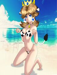 1girls barefoot beach big_breasts blue_eyes brown_hair cow_bikini cow_ears cow_girl cow_horns cow_print cow_tail cowbell dilane93 earrings feet female hands_up kneeling looking_at_viewer mario_(series) micro_bikini pose princess_daisy puppy_eyes short_hair solo thick_thighs thong