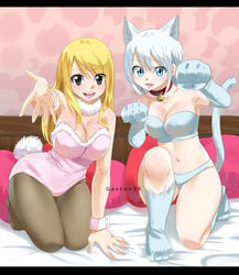 2girls animal_ears artist_name bed blonde_hair blue_eyes blush bra bracelet brown_eyes bunny_girl bunny_suit bunny_tail cat_ears cat_paws cat_tail catgirl cleavage collar cosplay costume fairy_tail gaston18 hair_between_eyes inviting lisanna_strauss lucy_heartfilia multiple_girls panties pillow short_hair tail white_hair