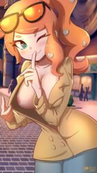 1girls absurd_res alternate_breast_size aqua_eyes artist_name bangs blush breasts coat female female_focus female_only flashing hair_ornament heart heart_hair_ornament highres horny jeans large_breasts looking_at_viewer nintendo nipples no_bra one_eye_closed only_female open_coat oppai_challenge orange_hair pants patreon pokemon pokemon_ss ponytail presenting presenting_breasts rilex_lenov solo_focus sonia_(pokemon) sunglasses sunglasses_on_head text watermark