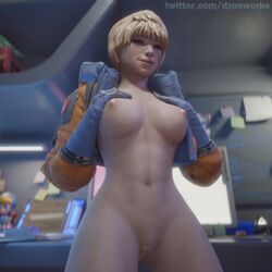 3d apex_legends belly blonde_hair breasts dzooworks hands_on_breasts jacket_open lichtenberg_figure looking_at_viewer looking_pleasured lounge nipples scar scars shaved_pussy showing_off showing_pussy wattson_(apex_legends)