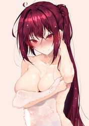 bangs breast_hold breasts cleavage closed_mouth collarbone eyebrows_visible_through_hair fate/grand_order fate_(series) female highres hplay large_breasts long_hair looking_at_viewer naked_towel purple_hair red_eyes scathach_(fate) scathach_(fate)_(all) smile solo tareme towel upper_body very_long_hair wet wet_hair