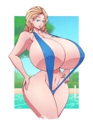 1girls ass big_breasts bikini blonde_hair blue_eyes blue_eyes_(manga) breasts breasts_bigger_than_head cecilia_misono cleavage color commission hand_on_hip hourglass_figure huge_breasts hyper_breasts looking_at_viewer n647 nipple_bulge nipples_visible_through_clothing short_hair sling_bikini smile smiling solo swimsuit thick_thighs toned voluptuous wide_hips