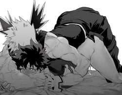 2boys anal anal_sex arched_back bare_legs bare_shoulders clothing cum cum_drip cum_dripping doggy_style dripping ejaculation ejaculation_while_penetrated gay goodbye_glory greyscale heart-shaped_pupils hero_outfit_(mha) izuku_midoriya katsuki_bakugou male male/male male_penetrated male_penetrating monochrome my_hero_academia pillow pillow_grab tears yaoi