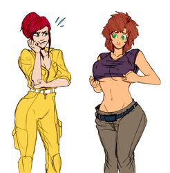 2girls 4kids_entertainment april_o'neil april_o'neil_(cosplay) april_o'neil_(tmnt_1987) april_o'neil_(tmnt_1987)_(cosplay) april_o'neil_(tmnt_2003) artist_request belly belt breast_envy brown_hair cbs_(broadcasting_company) clothing_swap cosplay crossover female female_only green_eyes huge_breasts human human_only jumpsuit light-skinned_female light_skin medium_breasts multiverse outerwear outfit_swap pale_skin red_hair small_shirt square_crossover tagme teenage_mutant_ninja_turtles teenage_mutant_ninja_turtles_(1987) teenage_mutant_ninja_turtles_(2003) tmnt tmnt_1987 tmnt_2003