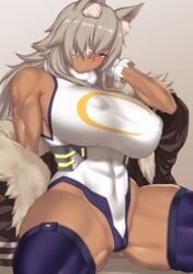 1girls absurd_res animal_ear_fluff animal_ears aster_crowley bare_shoulders breasts chair coat cosplay dark-skinned_female dark_skin erect_nipples erect_nipples_under_clothes eyepatch female fingerless_gloves ghislaine_dedoldia gloves grey_hair hi_res huge_breasts leotard long_hair looking_at_viewer miruko_(cosplay) mushoku_tensei my_hero_academia nipples one-eyed plain_background red_eyes scar scar_on_cheek scar_on_face simple_background sitting solo spread_legs tanned thick_thighs thighhighs thighs toned