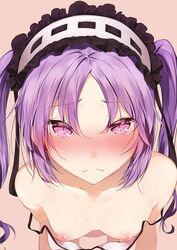 1girls absurdres bangs bare_shoulders beige_background blush breasts closed_mouth collarbone euryale euryale_(fate) eyebrows_visible_through_hair fate/hollow_ataraxia fate_(series) female frills frown headdress highres hplay long_hair looking_at_viewer nipples nose_blush parted_bangs purple_eyes purple_hair sidelocks simple_background small_breasts solo strap_slip twintails upper_body wavy_mouth