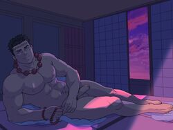 1boy abs bara bed big_pecs black_hair bracelet demon_slayer foreskin himejima_gyomei human human_only kimetsu_no_yaiba light-skinned_male light_skin looking_at_viewer lying lying_on_bed male male_chest male_focus male_nipples male_only muscle muscles muscular muscular_male necklace nipples nude nude_male on_bed on_side pecs pectorals penis prayer_beads ronald_bara rosary scar scar_on_face scar_on_forehead solo solo_focus solo_male tatami uncensored uncut