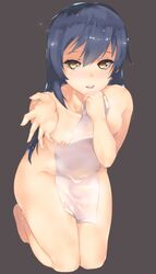 absurdres bad_id bad_pixiv_id bangs blue_hair blush breasts commentary_request covering covering_breasts female hair_between_eyes highres hplay kneeling long_hair looking_at_viewer love_live! love_live!_school_idol_project nipples nude nude_cover open_mouth simple_background small_breasts solo sonoda_umi towel wet yellow_eyes