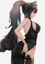 1girls animal_ears arknights ass bikini_bra bikini_top bikini_under_clothes black_dress bra collar dress eyyy feline female female_only gun hair_tie holster holstered_pistol holstered_weapon large_breasts long_ponytail ponytail schwarz_(arknights) scrunchie tagme yellow_eyes