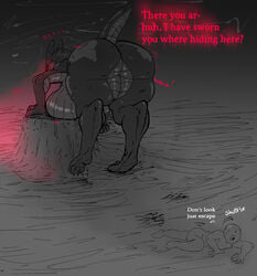 1_eye 3_toes anthro big_breasts big_butt bodily_fluids breasts butt clawing claws crawling dragon duo english_text erza_(repomorame) feet female glowing glowing_eyes horn huge_breasts huge_butt human male male_human/female_anthro nude red_eyes repomorame scared searching size_difference smaller_male sweat sweatdrop tagme text thick_thighs toe_claws toes tree_stump