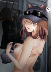 1girls absurdres angry animal_ears arknights ash_(rainbow_six) back baseball_cap breasts brown_eyes brown_hair cat_ears closet eyewear_on_head female goggles goggles_on_hat hat highres huge_filesize long_hair looking_at_viewer looking_back nipples nude open_mouth rainbow_six rainbow_six_siege riel_shirogane sideboob solo sunglasses_on_head surprised tom_clancy