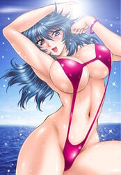 1girls :d arms_up big_breasts bikini blue_eyes blue_hair bracelet breasts female groin happy jewelry large_breasts long_hair manabe_jouji matching_hair/eyes milf navel one-piece_swimsuit open_mouth original pink_swimsuit ring_x_mama sideboob slingshot_swimsuit smile solo sparkle swimsuit takamori_sanae thighs underboob water wet