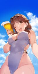 92m ;d alcohol beer blue_sky breasts brown_eyes brown_hair casual_one-piece_swimsuit cloud commentary_request eyewear_on_head female from_below glass highleg highleg_swimsuit highres idolmaster idolmaster_cinderella_girls katagiri_sanae large_breasts long_hair looking_at_viewer low_twintails o-ring o-ring_swimsuit one-piece_swimsuit one_eye_closed open_mouth round_teeth short_twintails sky smile solo sunglasses swimsuit teeth twintails upper_teeth white_swimsuit