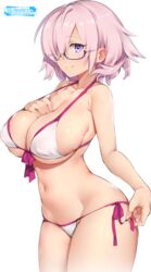 breast_grab bursting_breasts fate_(series) glasses huge_breasts mash_kyrielight mg_renders pink_hair purple_eyes short_hair swimsuit thick_thighs transparent_background