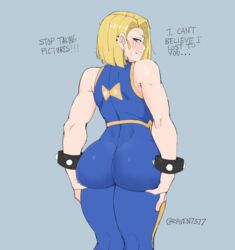 1girls android android_18 artist_name ass big_ass blonde_hair blue_background blue_eyes blush chun-li_(cosplay) clenched_teeth dragon_ball dragon_ball_z eye_contact female female_only fully_clothed large_ass looking_at_viewer looking_back muscular_female raven7377 short_hair solo standing street_fighter text thick_ass thick_thighs thighs