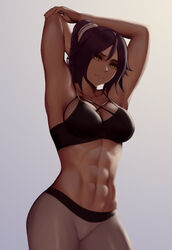 1girls abs arm_behind_head arm_on_head armpit arms_up belly big_breasts bleach cameltoe collarbone dark-skinned_female dark_hair female female_only fully_clothed gradient_background midriff muscular_female navel pants ponytail purple_hair shihouin_yoruichi simple_background six_pack solo solo_female stockings stomach white_pants white_yoga_pants yellow_eyes yoga_pants zaki_btw