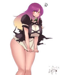 blonde_hair blush bottomless breasts clothes_pull covering_crotch embarrassed gradient_hair hijiri_byakuren large_breasts orange_eyes purple_hair sekiyu_(spartan) shy skindentation standing tagme thick_thighs thighs torn_clothes touhou yellow_eyes