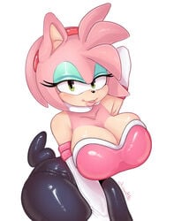 alternate_breast_size amy_rose amy_the_bat armwear big_breasts breasts chisana clothed clothing cosplay elbow_gloves eulipotyphlan female gloves green_eyes hand_behind_head handwear hedgehog hi_res latex looking_at_viewer makeup mammal pose rouge_the_bat_(cosplay) signature simple_background solo sonic_(series) sonic_the_hedgehog_(series) standing white_background