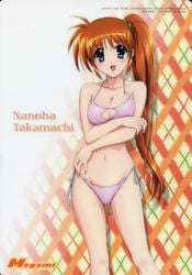 absurdres bikini blue_eyes breast_hold brown_hair cleavage female highres light-skinned_female light_skin long_hair lyrical_nanoha magazine_scan mahou_shoujo_lyrical_nanoha mahou_shoujo_lyrical_nanoha_strikers medium_breasts megami_magazine official_art okuda_yasuhiro pink_bikini pink_swimsuit ponytail scan side-tie_bikini solo swimsuit swimsuits takamachi_nanoha