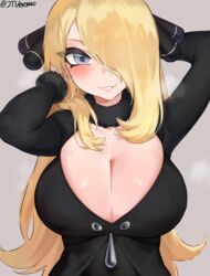 1girls absurd_res alternate_breast_size areola areolae big_breasts big_nipples blush breasts cynthia_(pokemon) female female_only hair_over_one_eye hi_res jtveemo large_breasts looking_at_viewer navel nintendo nipples pokemon pokemon_bdsp pokemon_champion pokemon_dppt solo upper_body visible_nipples