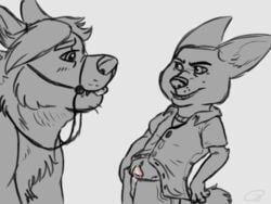 2016 4:3 anthro bodily_fluids bottomwear canid canine clothing corsedingo disney duo erection finnick fox genital_fluids genitals gideon_grey male male/male mammal pants penis precum shirt simple_background size_difference tongue tongue_out topwear yaoi zootopia