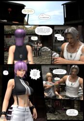 3d 3d_(artwork) asian asian_female ayane_(doa) brad_wong comic dead_or_alive eliot_(doa) interracial purple_hair red_eyes renzuki_harai