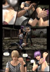 3d 3d_(artwork) asian asian_female ayane_(doa) brad_wong comic dead_or_alive eliot_(doa) interracial purple_hair red_eyes renzuki_harai speech_bubble