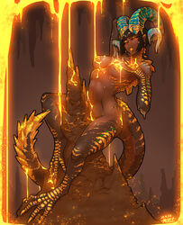 black_hair dark-skinned_female dark_skin egyptian female female_focus female_only gold gold_jewelry horns kulve_taroth lava looking_at_viewer monster_girl monster_hunter monster_hunter_world muhut naked navel pole_dancing red_eyes scales short_hair spikes tail