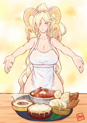 1girls bandages blonde_hair cleavage eyebrows_visible_through_hair female female_focus female_only food gold gold_eyes hair_over_one_eye horns kulve_taroth large_breasts long_hair milf naked_apron pointed_ears ponytail presenting smile yamanata