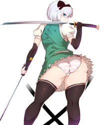 1girls ass blue_eyes cameltoe clothed_female female female_focus female_only fully_clothed katana looking_at_viewer looking_back panties pink_stripes sekiyu_(spartan) solo solo_focus standing striped_panties stripes sword thick_thighs thighhighs touhou trefoil white_hair youmu_konpaku